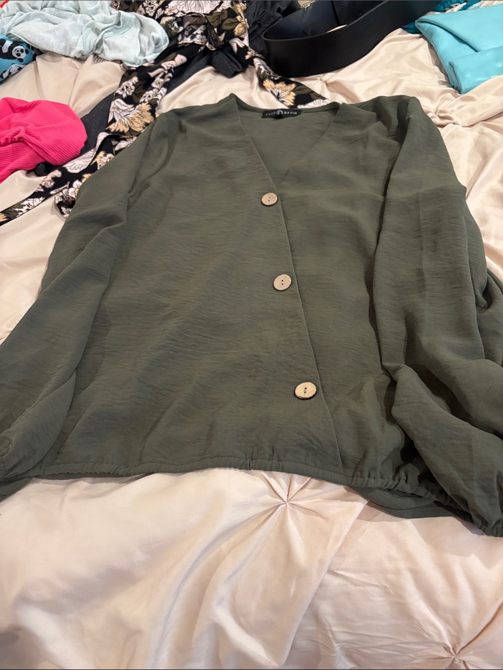 Fred David Olive Green Long Sleeve Button Front Blouse